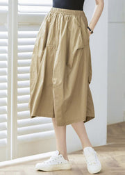 Women Khaki Pockets Elastic Waist Cotton Skirt Spring