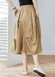 Women Khaki Pockets Elastic Waist Cotton Skirt Spring