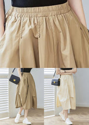 Women Khaki Pockets Elastic Waist Cotton Skirt Spring