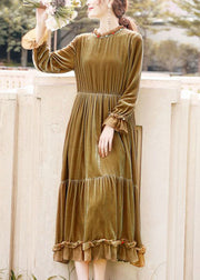 Women Khaki Ruffled Patchwork Exra Large Hem Silk Velour Dresses Spring