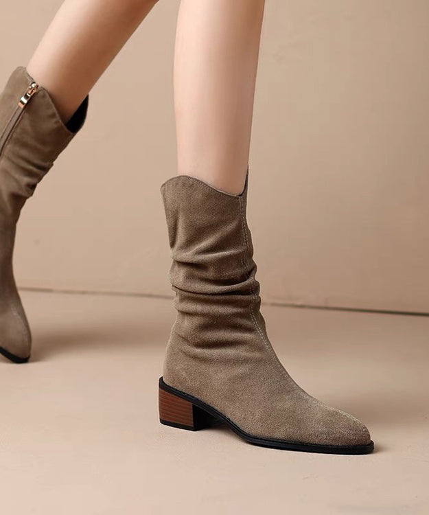 Women Khaki Suede Splicing Chunky Boots