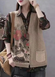 Women Khaki V Neck Print Button Cotton Knit Waistcoat Sleeveless