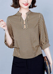 Women Khaki V Neck Striped Silk Shirts Bracelet Sleeve