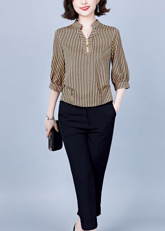 Women Khaki V Neck Striped Silk Shirts Bracelet Sleeve