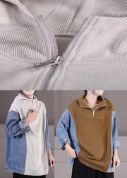 Women Khaki Zippered Patchwork Denim Hooded Top Long Sleeve