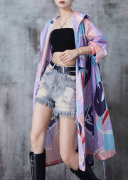 Women Lavende Oversized Print Drawstring Spandex Trench Fall