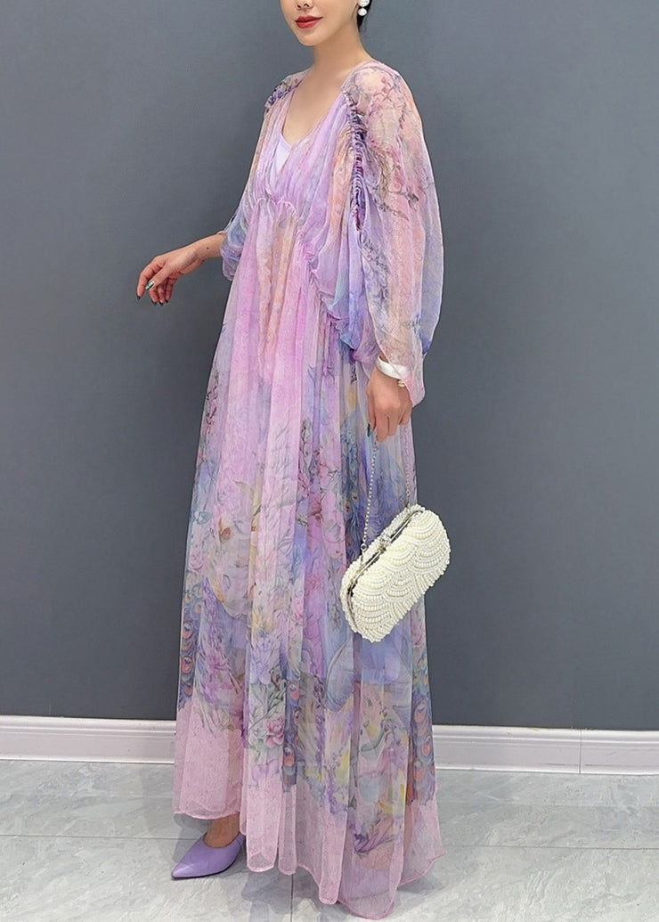 Women Lavender U Neck Print Patchwork Long Dresses Summer