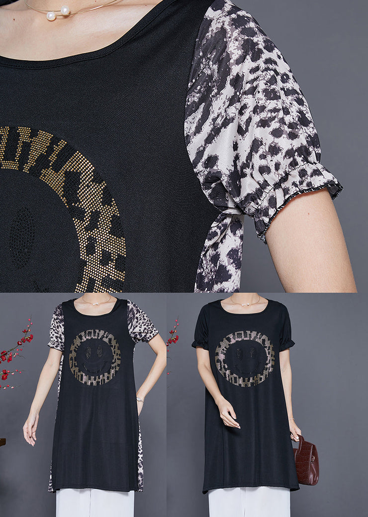 Women Leopard Patchwork Smiling Face Zircon Chiffon Dress Summer