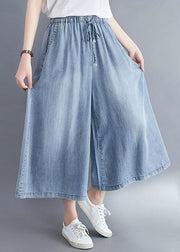 Women Light Blue Elastic Waist Draping Denim Wide Leg Pants Summer