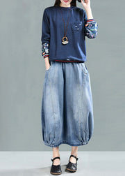 Women Light Blue Elastic Waist Patchwork Cotton Denim Skirt Spring