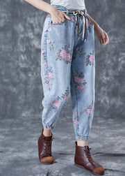 Women Light Blue Elastic Waist Print Denim Harem Pants Summer