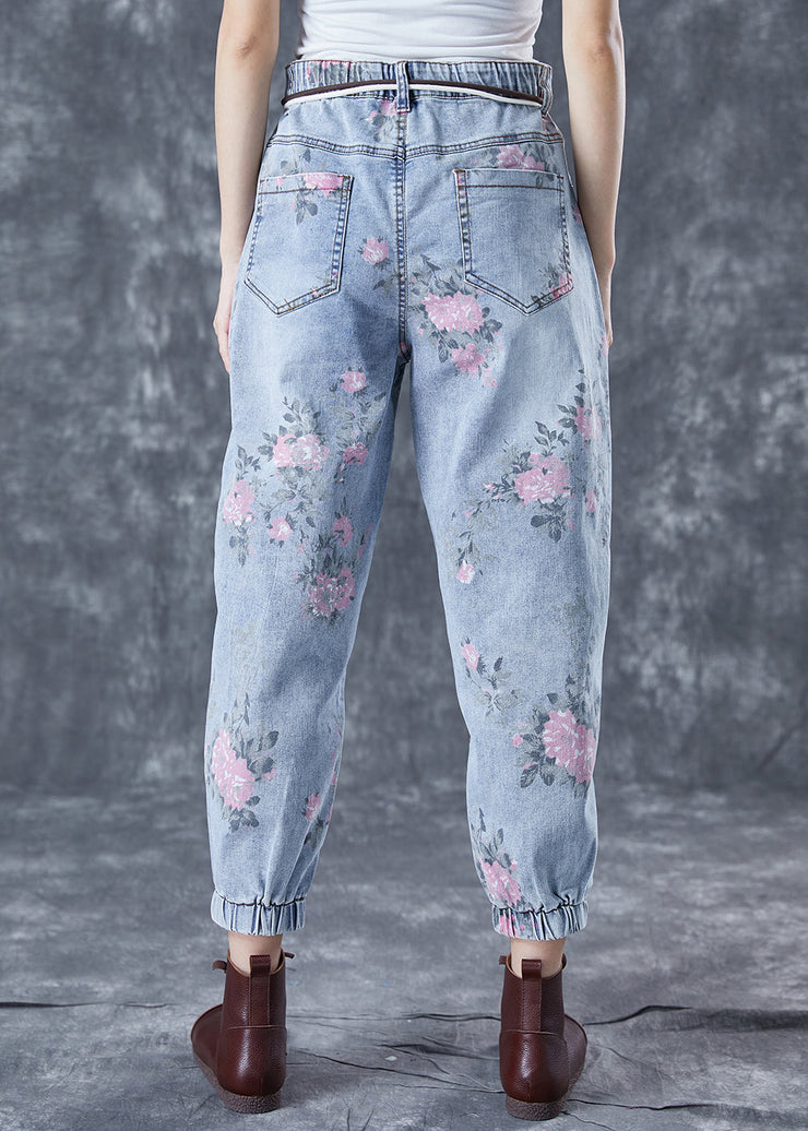 Women Light Blue Elastic Waist Print Denim Harem Pants Summer