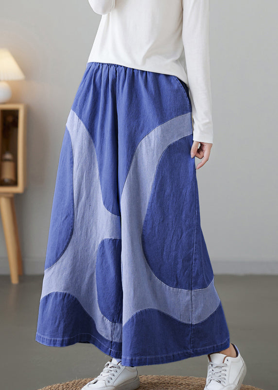 Women Light Blue Pockets Elastic Waist Denim Wide Leg Pants Fall