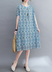 Women Light Blue Print Draping Chiffon Holiday Dress Summer