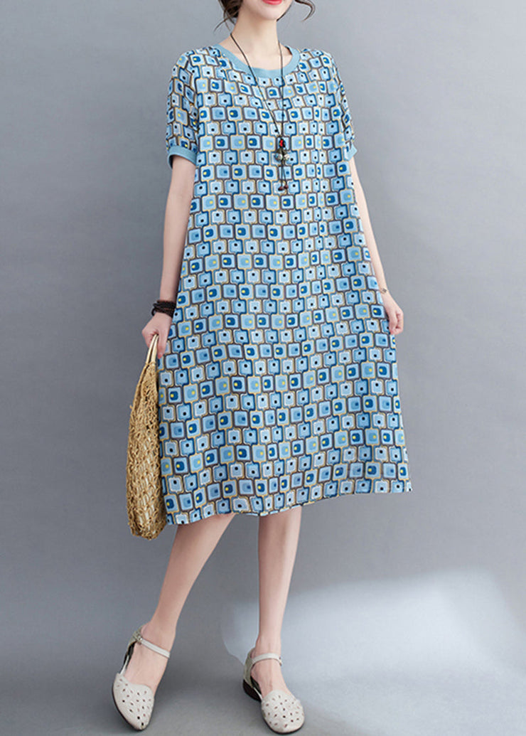 Women Light Blue Print Draping Chiffon Holiday Dress Summer