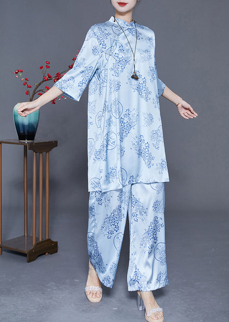 Women Light Blue Print Draping Chinese Style Silk Two Pieces Set Summer