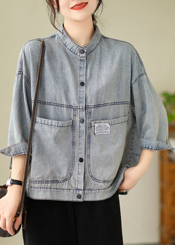 Women Light Blue Stand Collar Pockets Denim Jackets Spring