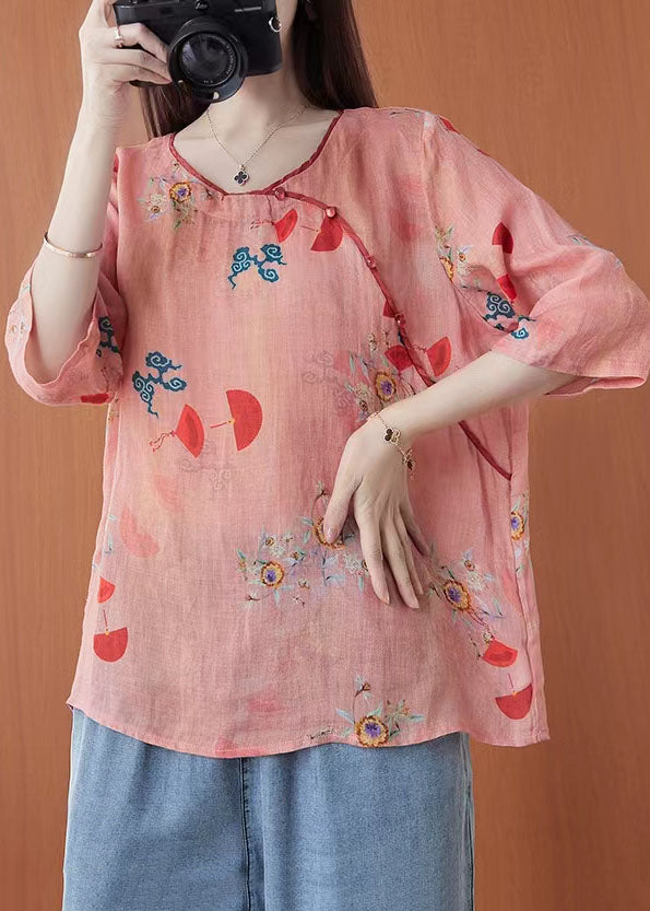 Women Light Green O-Neck Print Linen Blouses Half Sleeve