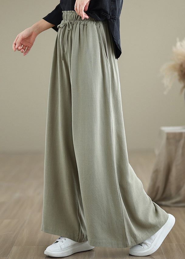 Women Light Green Pockets Elastic Waist Cotton Pants Fall