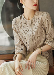 Women Light Khaki O Neck Hollow Out Cotton Blouses Long Sleeve