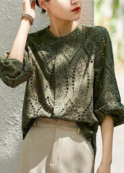 Women Light Khaki O Neck Hollow Out Cotton Blouses Long Sleeve