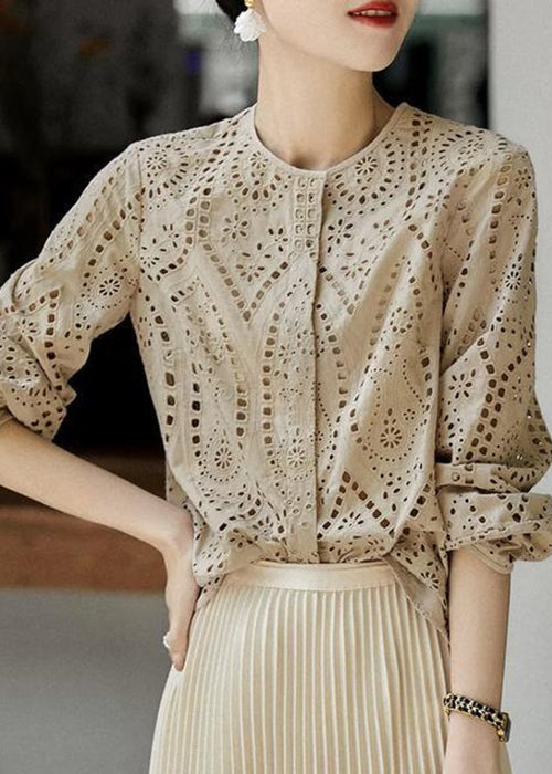 Women Light Khaki O Neck Hollow Out Cotton Blouses Long Sleeve