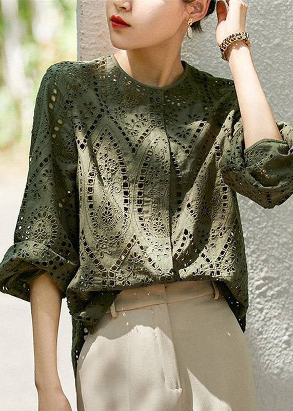 Women Light Khaki O Neck Hollow Out Cotton Blouses Long Sleeve