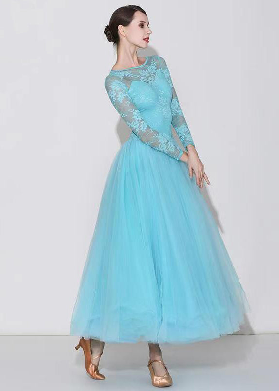 Women Light Lake Blue O-Neck Lace Patchwork Dance Dress Long Sleeve