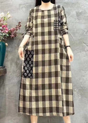 Women Light Plaid O-Neck Pockets Print Patchwork Maxi Dress Long Sleeve