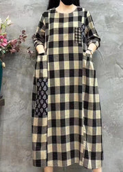 Women Light Plaid O-Neck Pockets Print Patchwork Maxi Dress Long Sleeve