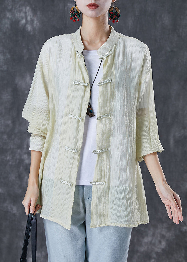 Women Light Yellow Mandarin Collar Chinese Button Wrinkled Cotton Shirt Fall