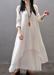 Women Long Sleeve Double Layers Button Asymmetric White bamboo Maxi Dress