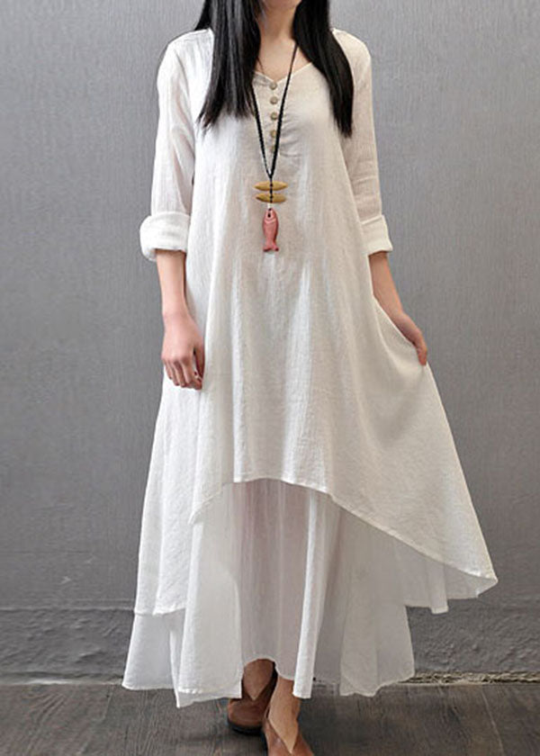 Women Long Sleeve Double Layers Button Asymmetric White bamboo Maxi Dress