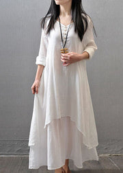 Women Long Sleeve Double Layers Button Asymmetric White bamboo Maxi Dress