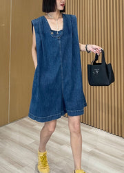 Women Loose Blue U Neck Pockets Denim Jumpsuits Summer