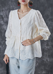 Women Milk White V Neck Embroidered Cotton Shirt Summer