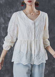 Women Milk White V Neck Embroidered Cotton Shirt Summer