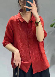 Women Mulberry Embroideried Slim Fit Linen Shirt Tops Half Sleeve