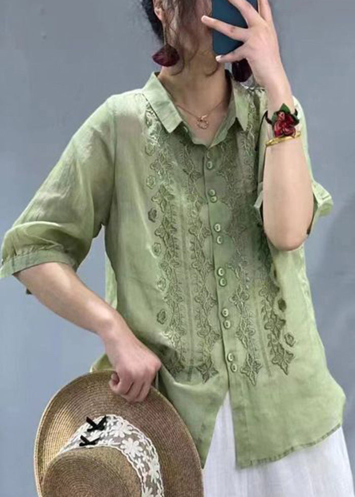 Women Mulberry Embroideried Slim Fit Linen Shirt Tops Half Sleeve