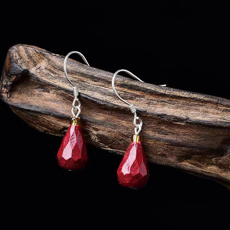 Women Mulberry Sterling Silver Cinnabar Water Drop Drop Earrings