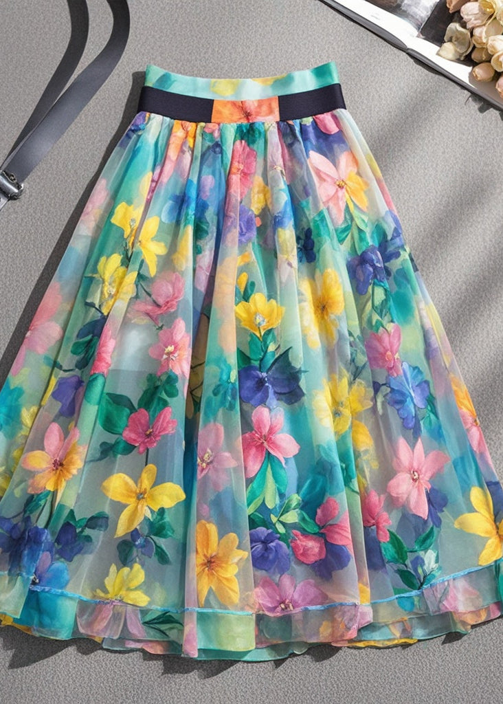 Women Multicolor Floral Print High Waist Tulle Skirts Summer