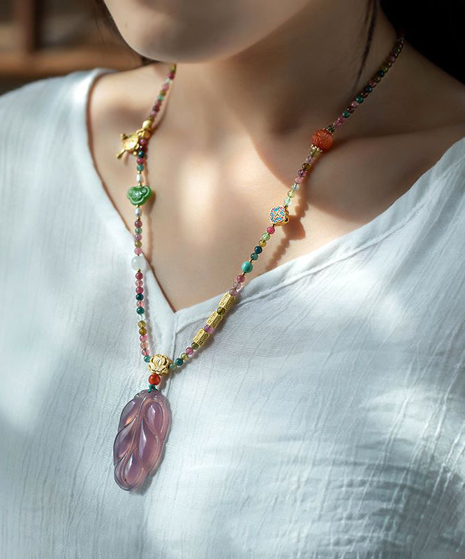 Women Multicolour Hand Woven Beading Jade Tassel Pendant Necklace