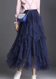 Women Navy Asymmetrical Patchwork Tulle Skirts Spring