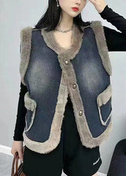 Women Navy Button Pockets Patchwork Thick Denim Waistcoat Sleeveless