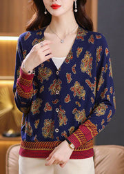 Women Navy Button Print Cozy Knit Cardigan Spring