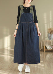 Women Navy Button Wrinkled Denim Long Dress Sleeveless