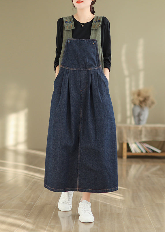 Women Navy Button Wrinkled Denim Long Dress Sleeveless