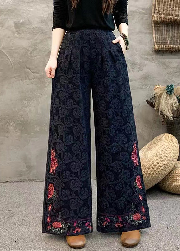 Women Navy Embroidered Pockets Cotton Wide Leg Trousers Spring