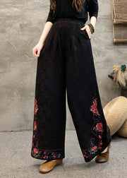 Women Navy Embroidered Pockets Cotton Wide Leg Trousers Spring