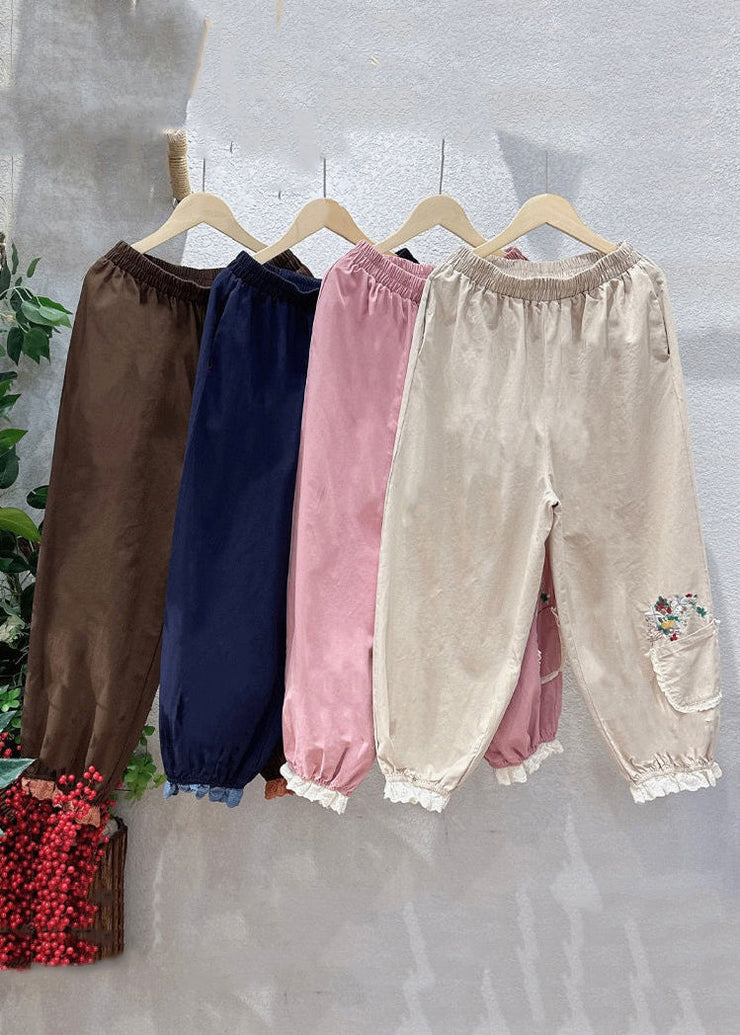 Women Navy Embroideried Pockets Elastic Waist Cotton Crop Pants Spring